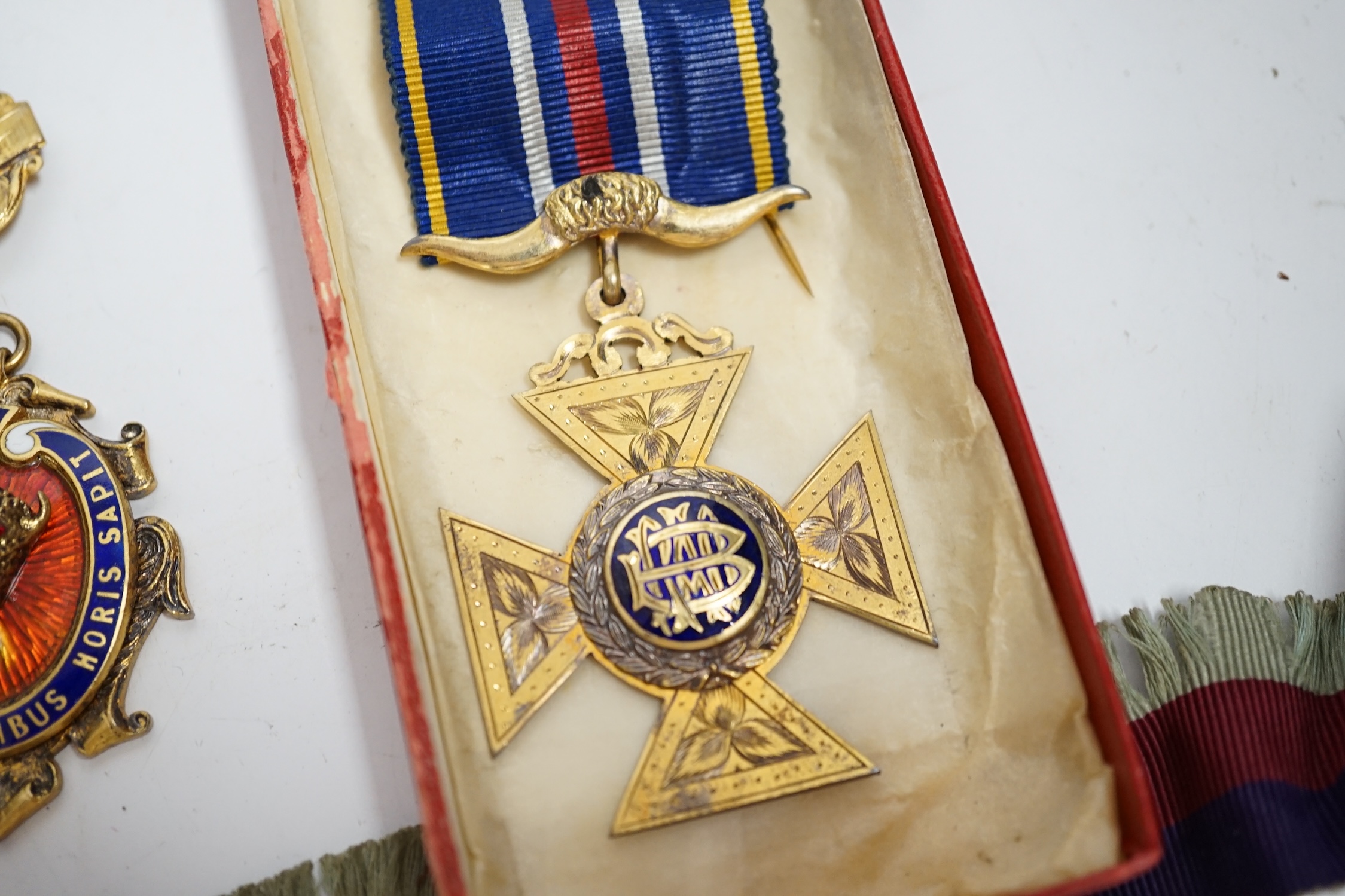 Ten masonic enamelled medals, some silver gilt, including eight cased examples